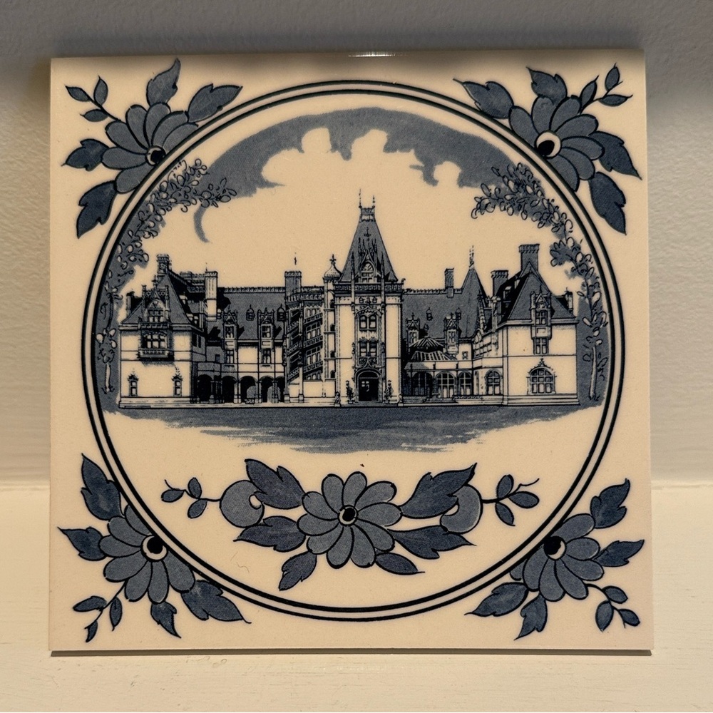 VTG Biltmore Estate Ceramic Tile Trivet Plate Blue Floral Asheville Vanderbilt